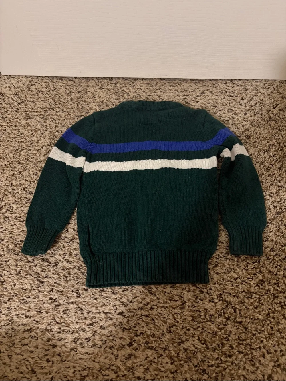 Children’s Classic Green Crewneck Sweater with Blue and White Stripes